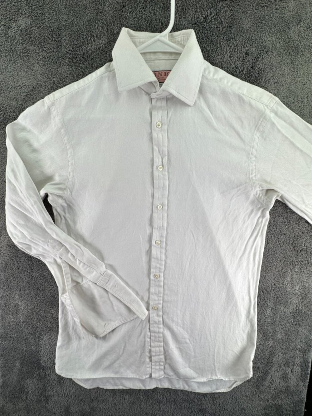 Thomas Pink Long Sleeve Button Up Shirt Men 15 31.5 White Cotton Adult Chevron